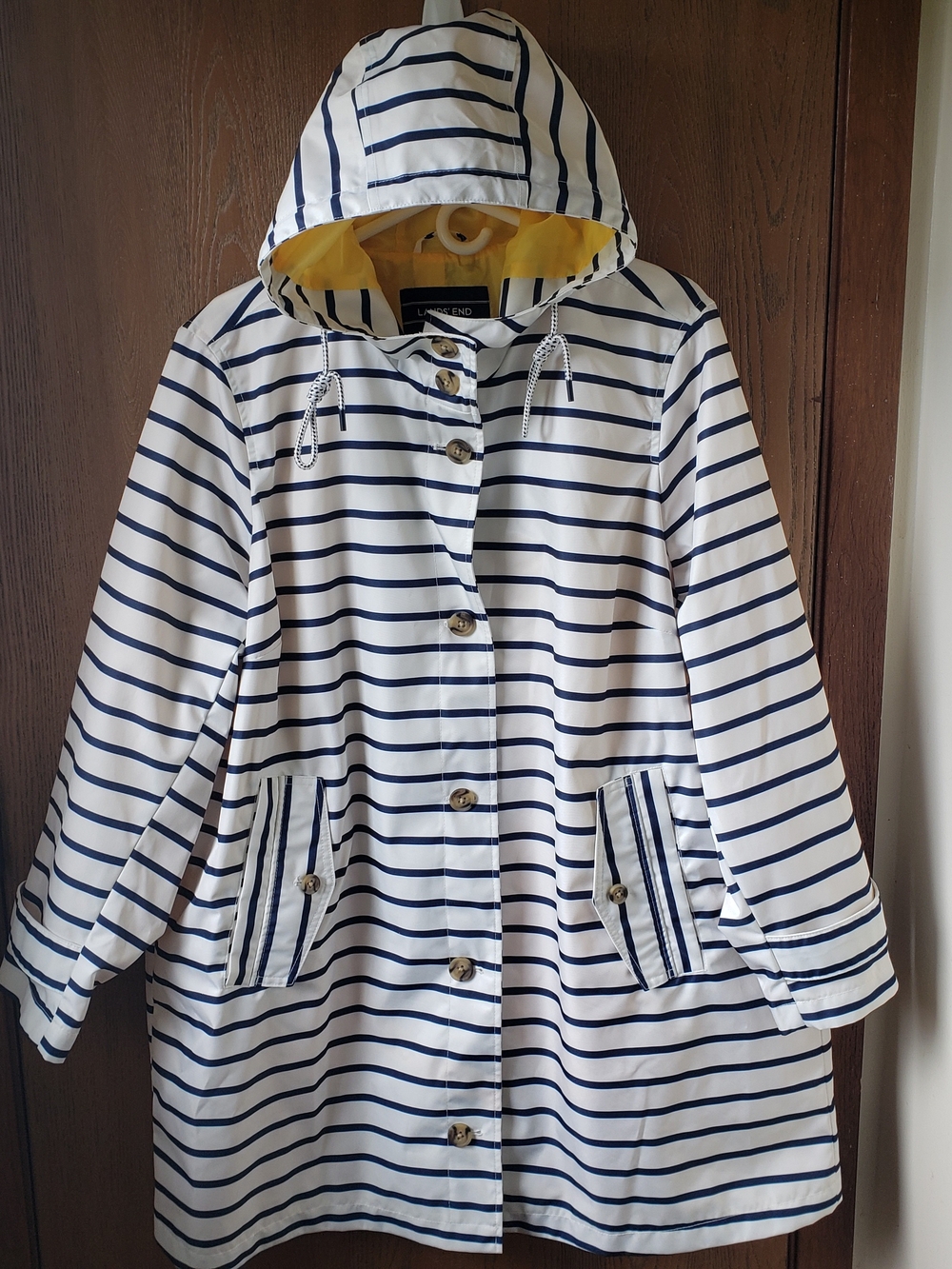 Lands' End Women's Navy White Striped Hooded Rain Jacket Yellow Lined Size 2X